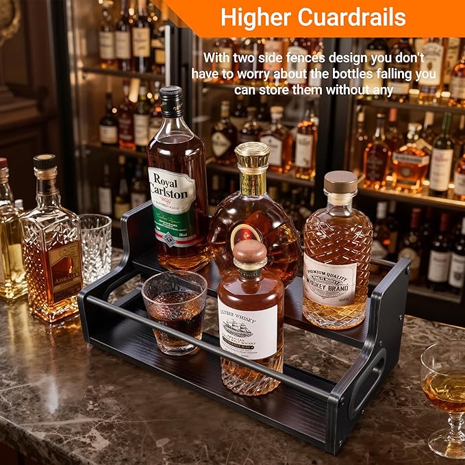 2-Tier Liquor Bottle Display Shelf, Coffee Syrup Rack Organizer, Water Bottle Organizer, Mini Bar Cabinet, Rustic Bar Shelves for Liquor Whiskey, Spirits（Black）