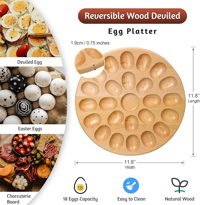 Lounsweer Reversible Wood Deviled Egg Platter and Charcuterie Board Thicken Tray Countertop Refrigerator Chicken Egg Containers Carrier for Easter Christmas(Beech Wood)