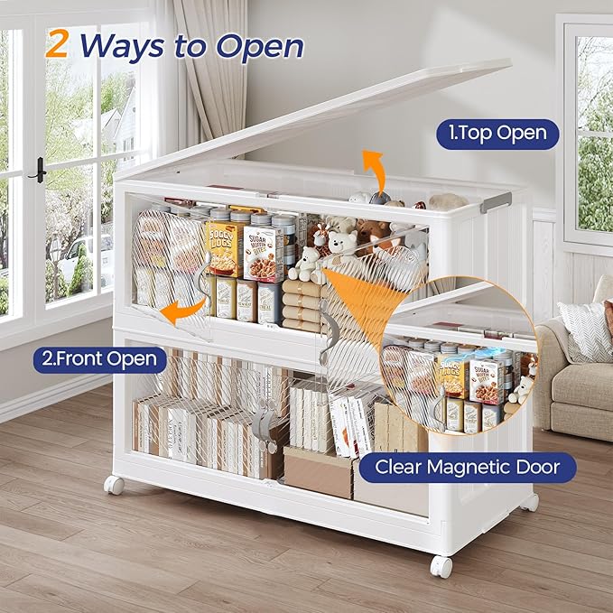 300QT Extra Large Stackable Storage Bins with Lid & Wheels & Doors, 75Gal Foldable Collapsible Closet Organizers, Plastic Cabinet Box Container Drawer for Home Kitchen Bedroom, 5Pack White