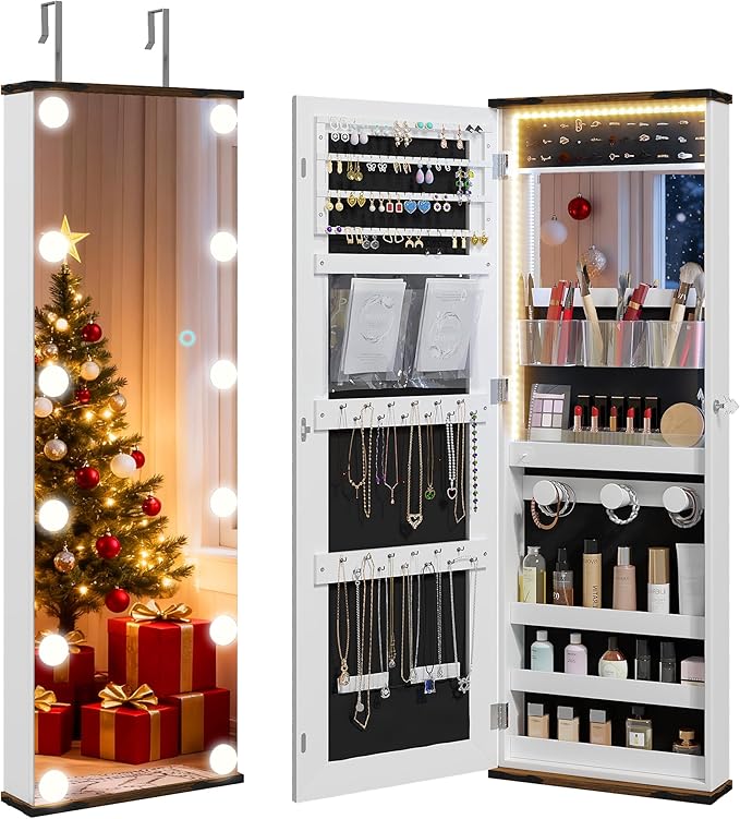 Over the Door Jewelry Organizer, 12 Hollywood Bulbs Hanging Jewelry Armoire with Full Length Mirror, 43.5" Lockable Large Storage Jewelry Cabinet for Girls/Women, (Wood grain white)