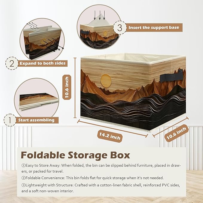 Boho Abstract Sun Mountain Storage Box Bins, Rustic Modern Abstract Boho Collapsible Storage Basket Organizer for Bedroom Laundry Room Home Clothes Toys Books, Toybox for Kids