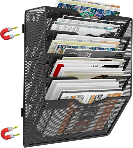 5 Tier Magnetic File Holder for File Cabinets, Refrigerator, Whiteboard, Office, No Drilling Installation Large Capacity Black Magnetic File Holder