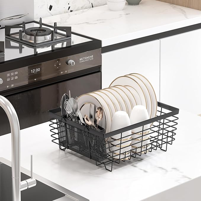 TQVAI Kitchen Dish Drying Rack Metal Dish Drainer with Full-Mesh Silverware Utensils Basket Holder, Black