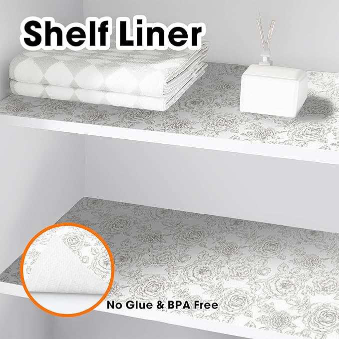 GOPAS Drawer and Shelf Liner for Kitchen Cabinets Non-Adhesive Cabinet Liners for Shelves Strong Grip Non Slip Waterproof Cupboard Liner for Dresser Refrigerator, Bathroom, Flower,17.5IN X 10FT