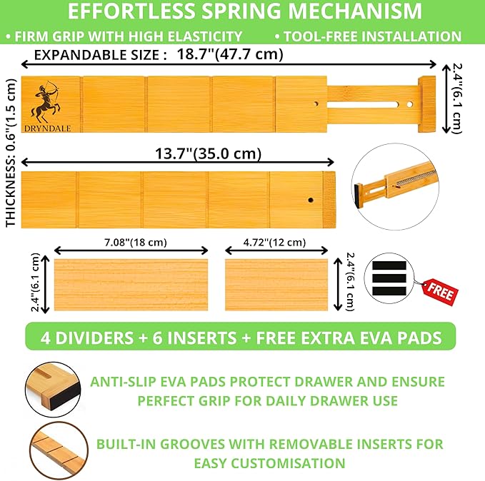 13.7-18.7" Expandable Bamboo Drawer Dividers with Inserts 4-Pack Spring-Loaded with Non-Slip EVA Pads, Adjustable Separator Set for Kitchen Utensils,Bedroom, Office,Bathroom
