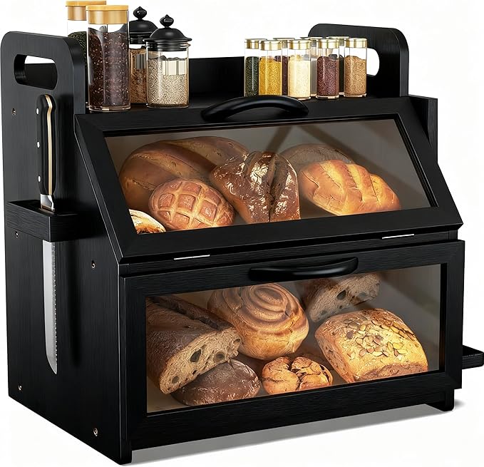 BAMBANG Extra Large Bread Box, Double Layer Bread Box for Homemade Bread, Bamboo Wooden Bread Storage Container with Tool Holder & Handles & Window, Assembly Required(14.9" x 11" x 15.3") Black