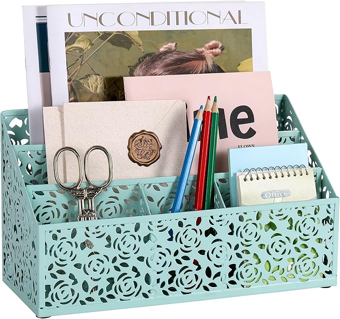 Modern Countertop Organizer, Desk Accessories - Organizer for Bills, Letters, Papers - Mail Sorter, Pencil Holder (Blue)