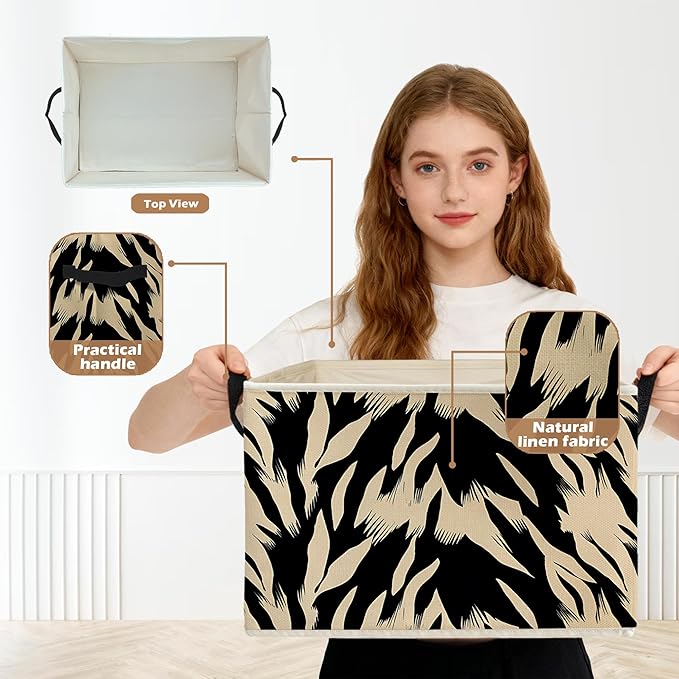Black and Beige Abstract Storage Box Bins, Boho Modern Abstract Zebra Striped Collapsible Storage Basket Organizer for Bedroom Laundry Room Home Clothes Toys Books, Toybox for Kids