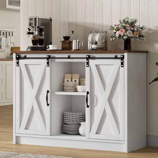4 EVER WINNER Coffee Bar Cabinet with Sliding Barn Doors, 42”Farmhouse Buffet Cabinet with Storage for Kitchen, Coffee Bar with Adjustable Shelf for Dining Room, White