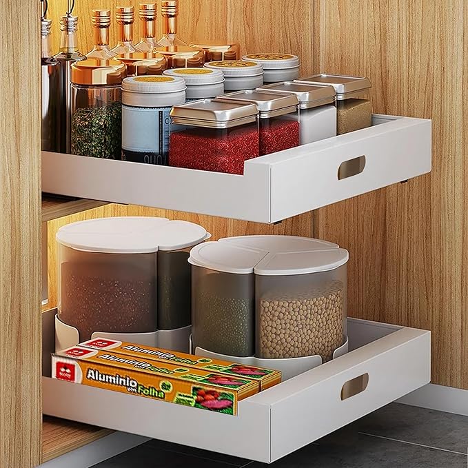 2 Pack Cabinet Organizer, 16.9" Deep Pull Out Drawers for Cabinets, Pull Out Cabinet Organizer Adhesive Heavy Duty Carbon Steel, 10'' Wide Kitchen Cabinet Organizer, Pantry Organizers