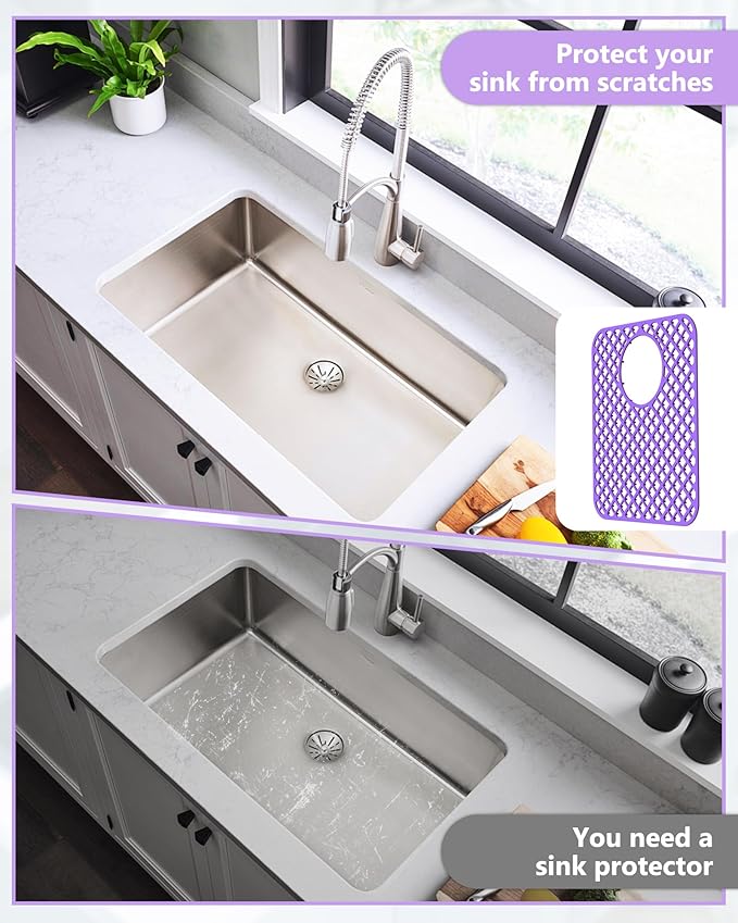 BEHOK 2 Pack Silicone Sink Protectors for Kitchen Sink, Lozenge Pattern 13 x 11 Inches Sink Mat, Non-Slip and Durable Sink Protector Silicone, Rear Drain, Purple