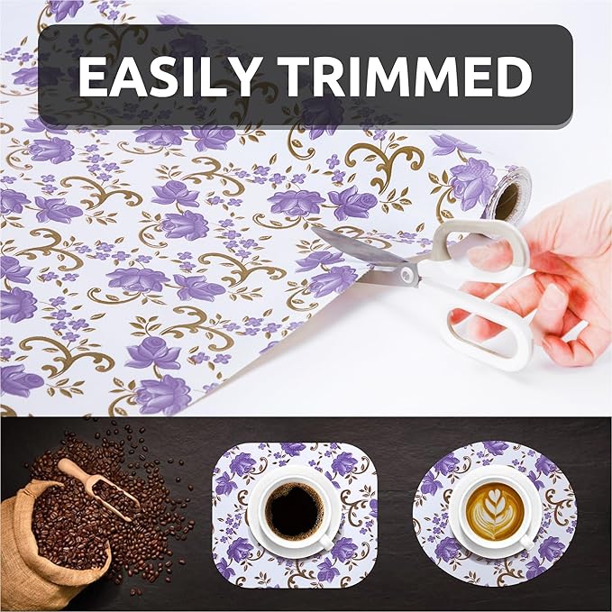 18X96 Inch Shelf Liner for Kitchen Cabinets, PVC Drawer Liner for Dresser Non-Slip Bathroom, Non-Adhesive Cabinet Liner Washable (Purple Floral)(5 Roll)