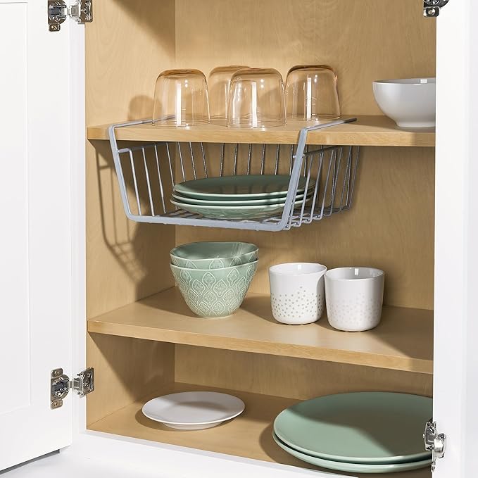 Home Basics Under Shelf Steel Wire Basket Hanging Storage Space Saver Slide-On Basket for Pantry, Cabinets, Closet, Shelves - No Hardware Needed - Silver