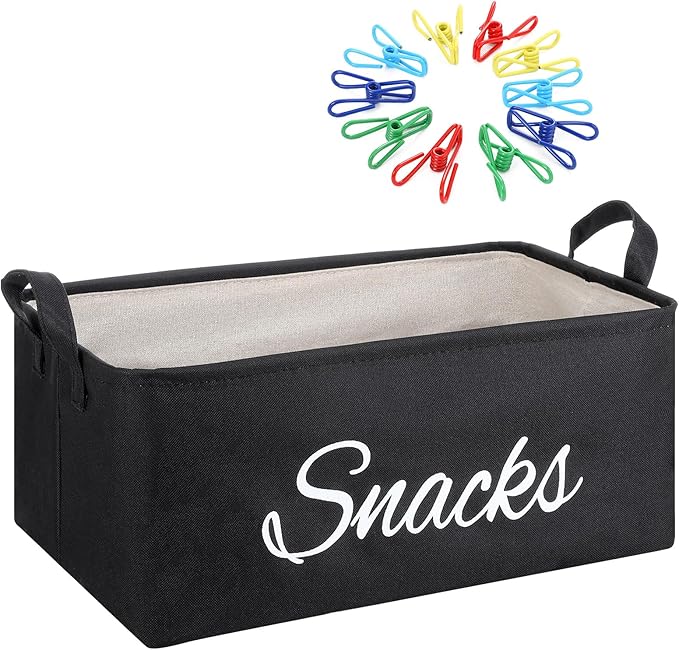 17 Pcs Snack Basket Sets, Snack Storage Bin for Pantry Shelves with 16 Pcs 2 Inch Chip Clips, Basket Organizer for Kitchen Home, Chips, Popcorn, Candy, Pretzels(Burlap,Black)
