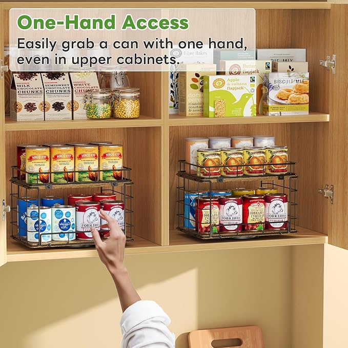 360° Rotating Can Rack Organizer for Pantry, 2-Tier Lazy Susan Can Organizer Holds Up to 26 Soda Cans, Metal Wire & Wood Shelf with Turntable Storage for Kitchen Cabinet, Pantry & Countertop