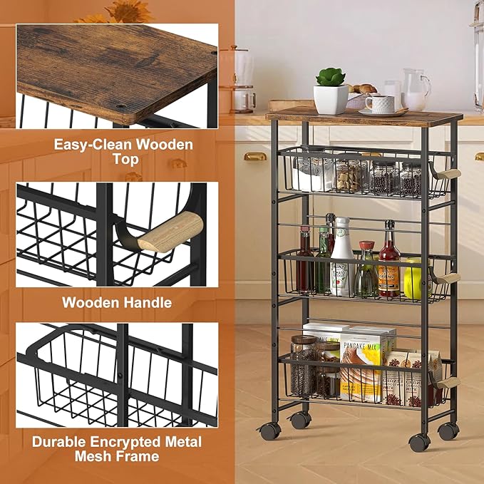4-Tier Slim Rolling Cart with Pull-Out Baskets & Wooden Top — Narrow Mobile Storage Organizer, Multipurpose Utility Cart with Handle for Small Spaces, Kitchen, Bathroom, Laundry Room, Office, Brown