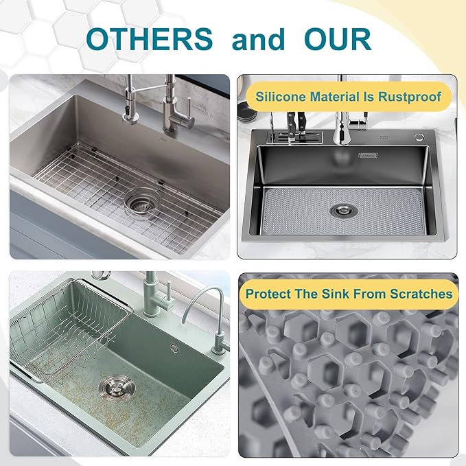 Bestjing Silicone Sink Mat, 26'' x 14'' Protectors for Kitchen Sink with Center Drain, Kitchen Protector Accessory, Non-Slip Grid Mat for Bottom of Farmhouse Porcelain Stainless Steel(Center Hole)