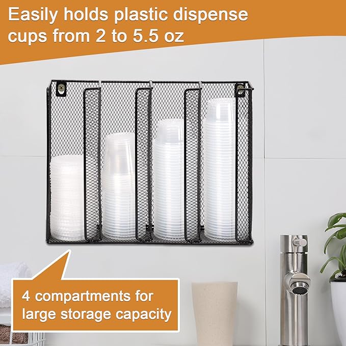 Wall Mount Portion Sauce Cup Lid Organizer 4 Compartments Iron Sauce Cup Dispenser Black Cup and Lid Holder Organizer Fits Cups Size 2 to 5.5 oz For Kitchen Counter Restaurant Coffee Bar 13x10x3.3 In