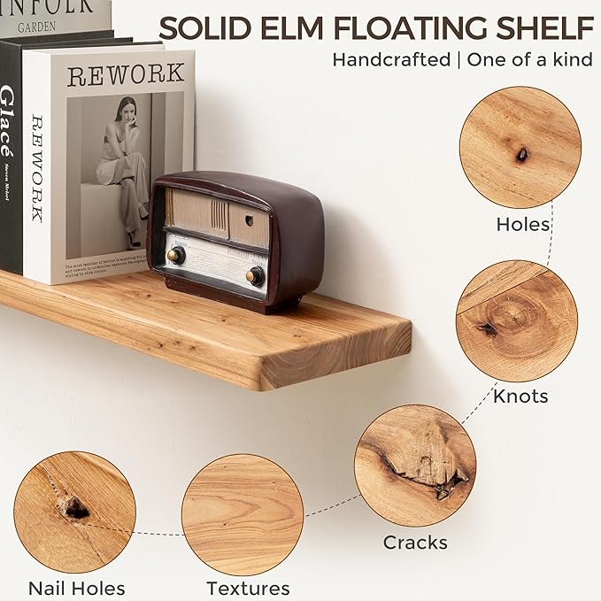 Fun Memories 55 Inch Floating Shelves for Wall, Solid Elm Wood Wall Shelf for Home Decor, Heavy-Duty Hardwood Floating Shelf for Bedroom, Bathroom, Living Room, Set of 1