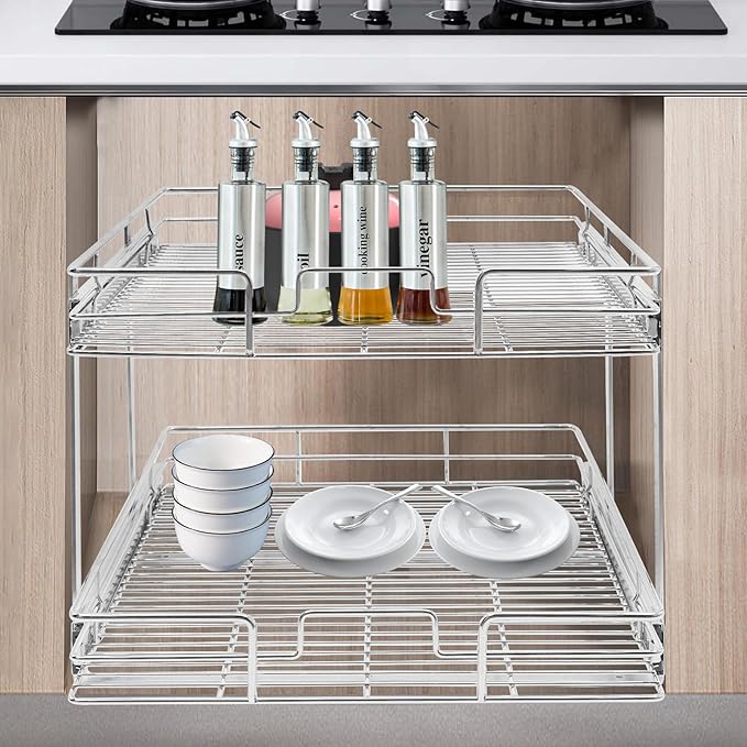2 Tier Pull Out Cabinet Organizer 21 "W X 22 "D, Double Wire Basket Sliding Shelf, Pull Out Drawer for Kitchen Cabinets, Base Cabinet Organization for Kitchen, Bathroom, Pantry, Chrome (Silver)