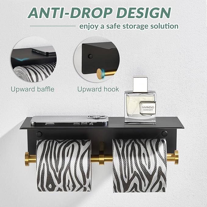 APLusee Double Toilet Paper Holder with Phone Shelf Black & Gold, 304 Stainless Steel Tissue Paper Roll Storage Dispenser, Wall Mounted