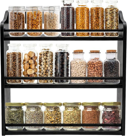 3 Tier Bamboo Spice Rack,Seasoning Jars Rack Shelf Spice Organizer for Kitchen Counter or Wall Mounting (Black)