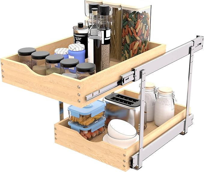 2-Tier Wood Cabinet Pull Out Shelves (14" W x 22" D), Wooden Slide Out Drawers for Kitchen Cabinets, Heavy-Duty Roll Out Pantry Organizer