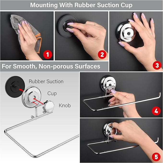 Suction Cup Paper Towel Holder- Chrome Plated Stainless Steel Bar for Bathroom & Kitchen (Chrome)