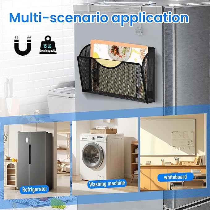 Magnetic File Holder 3PCS Wall File Folder Organizer, No Drilling Hanging Magazine Rack for Refrigerator, Document Paper Mail Folder Holders Office File Magnetic Organizer (Black)
