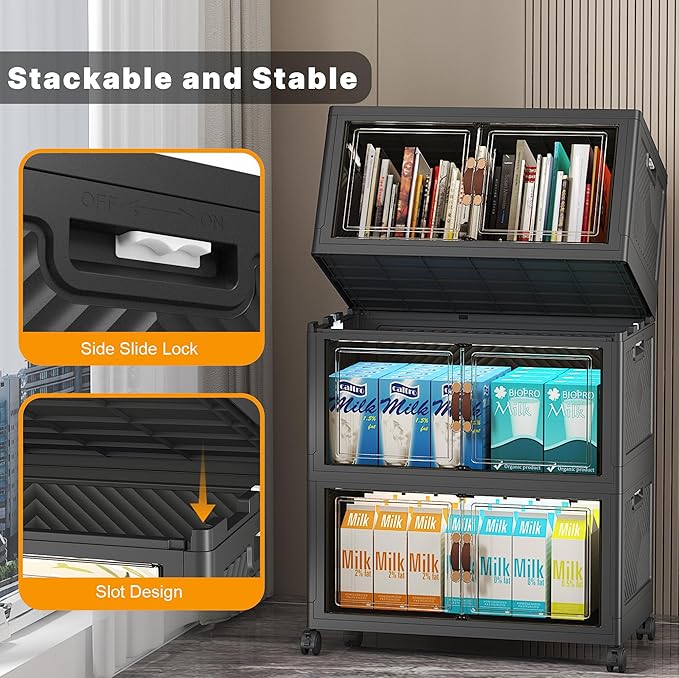 Stackable Storage Bins with Lids, Closet Organizers and Storage with Doors and Wheels, Extra Large Storage Cabinet for Bedroom Office Garage (Dark-55qt, 3Pack with 1 top lid)