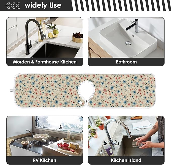 2 PCS Kitchen Sink Splash Guard 14.9 Inch Faucet Mat for Kitchen Sink Bathroom Sink Faucet Absorbing Drip Drain Mat Pad Microfiber Soft Washable Beige Patriotic Flags Fireworks