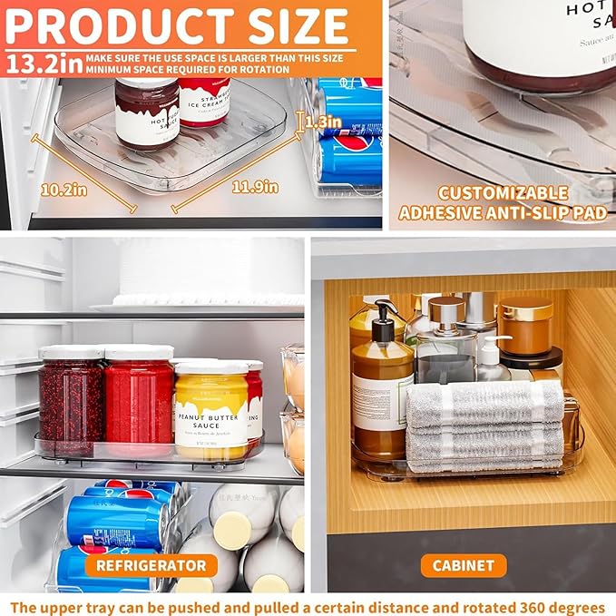 Yieach Clear Refrigerator Lazy Susan Turntable,11.9''x10.2'',Square Fridge Turntable Organizer,Large Rotating Fridge Tray for Kitchen,Countertop,Pantry,Cabinet,Jars and Condiment Organizer,Pack of 2