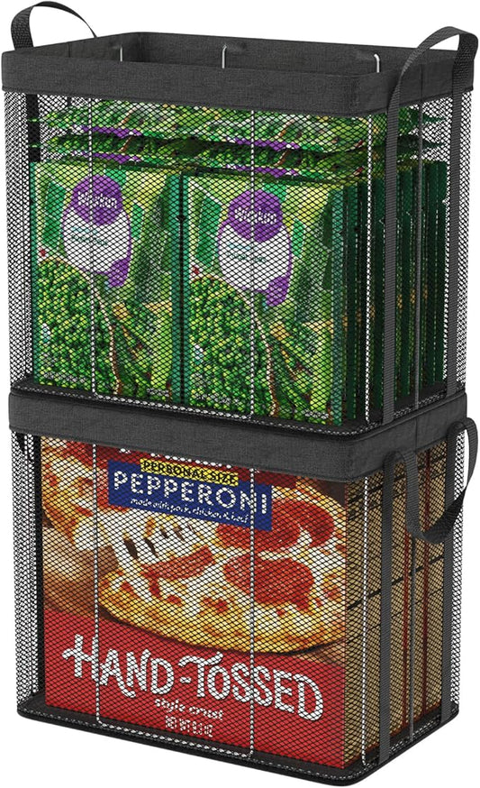 iSPECLE Deep Freezer Organizer Bins - 2 Pack Stackable Deep Freezer Organizer Bins for 5 to 7 Cu.Ft Chest Freezers Easily Access Pizza (≤12"), Faster Freezing Better Freshness, Black