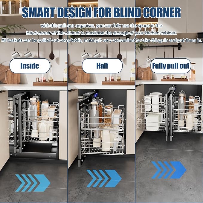forimo 36" Blind Corner Pull Out Organizer,2 Tier 4 Shelf Kitchen Cabinet Organizer, Chrome Carbon Steel Storage Basket, Left Open & Right Open Compatible,for Blind Corner Kitchen or Bathroom Cabinet