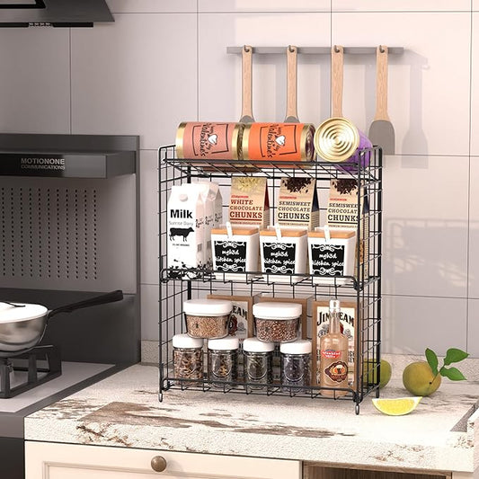 3-Tier Snack Rack for Countertop, Foldable Snack Organizer for Small Snacks, Versatile Metal Wire Snack Storage Basket for Kitchen Supplies, Spice Rack, Fruits Holder, Bathroom Shelf.