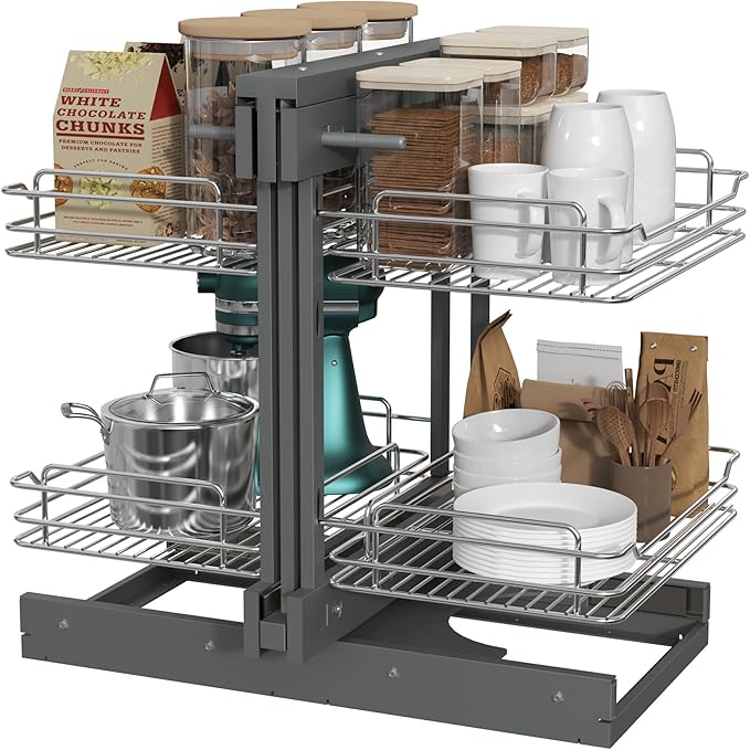 Blind Corner Cabinet Pull Out 2 Tier 4 Shelves Magic Corner Kitchen Cabinet Pull Out Shelf Organzier Soft Close Bottom Mount Min Opening 15in，Metal