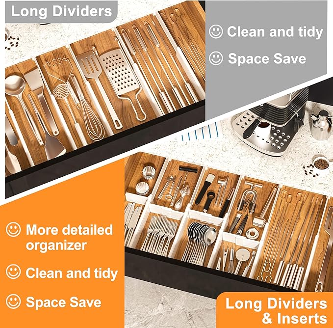 HiYZ Expandable Drawer Dividers with Inserts, Large Kitchen Utensils Drawers Divider, 2.36" High Adjustable Drawer Organizers Separators for Clothing,Kitchen Utensils,Tools,8 Dividers with 16 Inserts