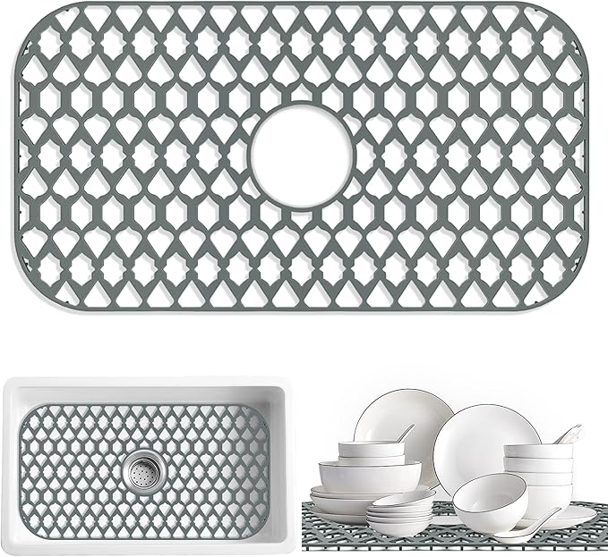 SAMSIER Sink Protectors for Kitchen Sink 13x11 &16x12 &19x13 &19x14 &21x16 &22x13 &24x13 &26x14 &28x14 &30x14 &30x16, Farmhouse Silicone Mats Grid for Bottom (26”x14”, Center Drain)