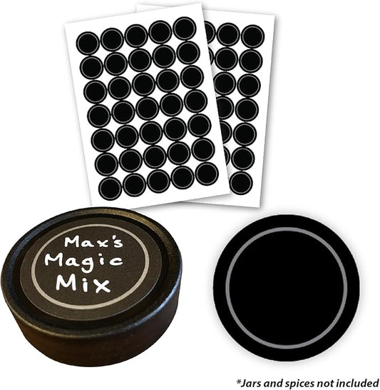 AllSpice 70 Black Water Resistant Round Spice Jar Labels Set 1.5"- Fits Penzeys and AllSpice Jars- Blank