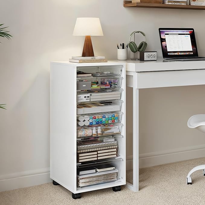 WOPITUES Storage Drawer Cart, Mobile Storage Cabinet, Makeup Storage with 8 Clear Drawers, Utility Wooden Rolling Cart on Wheels, for Cosmetic, Art Craft, Office Supplies, Toy, White