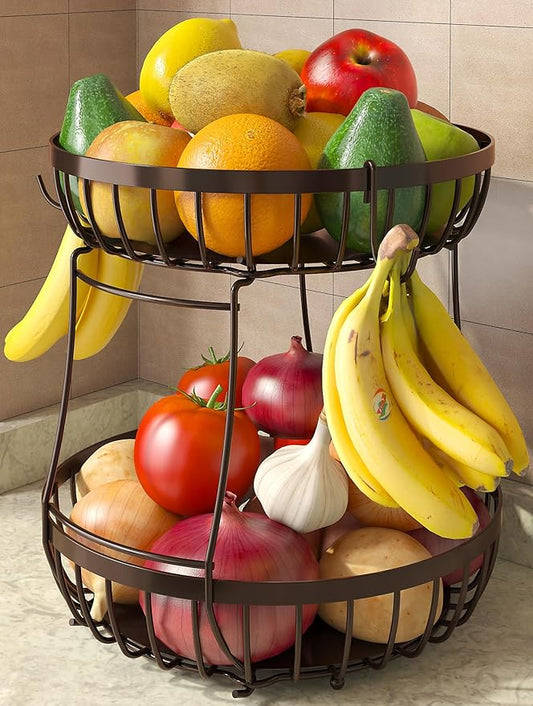 2 Tier Fruit Basket for Kitchen Counter with 2 Banana Hangers, 2025 Pro Detachable Metal Fruit Bowl with Wooden Handle,Fruit Holder for Bread Snack Veggies, Brown Extra Large