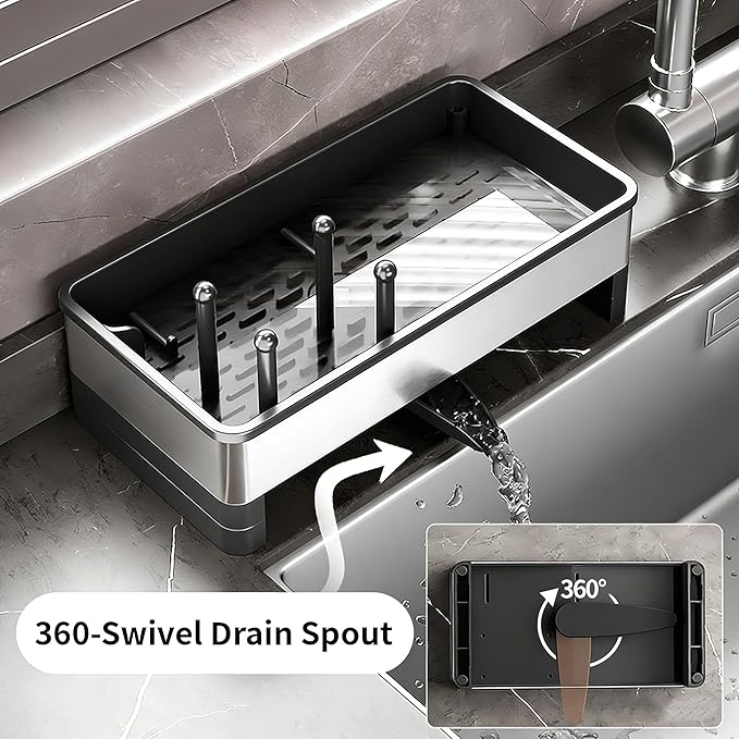 Sponge Holder for Kitchen Sink, Stainless Steel Sink Caddy with Brush Holder, Dishcloth Rack and Holds Soap Dispenser, Auto-Drain Rustproof Countertop Organizer (Black)