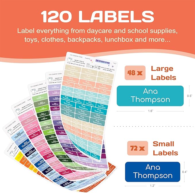 KYTRA Personalized Name Labels for Kids 120 Custom Stickers for Daycare & School Supplies, Clothes, Toys, Lunchboxes and More - Waterproof Vinyl, Laundry, Dishwasher & Microwave Safe, Made in USA