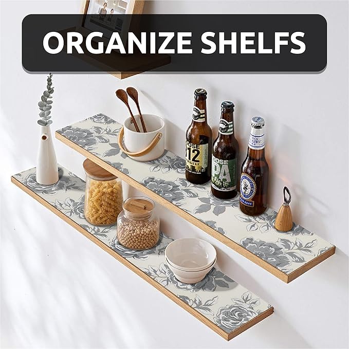 18X96 Inch Shelf Liner for Kitchen Cabinets, PVC Drawer Liner for Dresser Non-Slip Bathroom, Non-Adhesive Cabinet Liner Washable (Black Flower)(5 Roll)