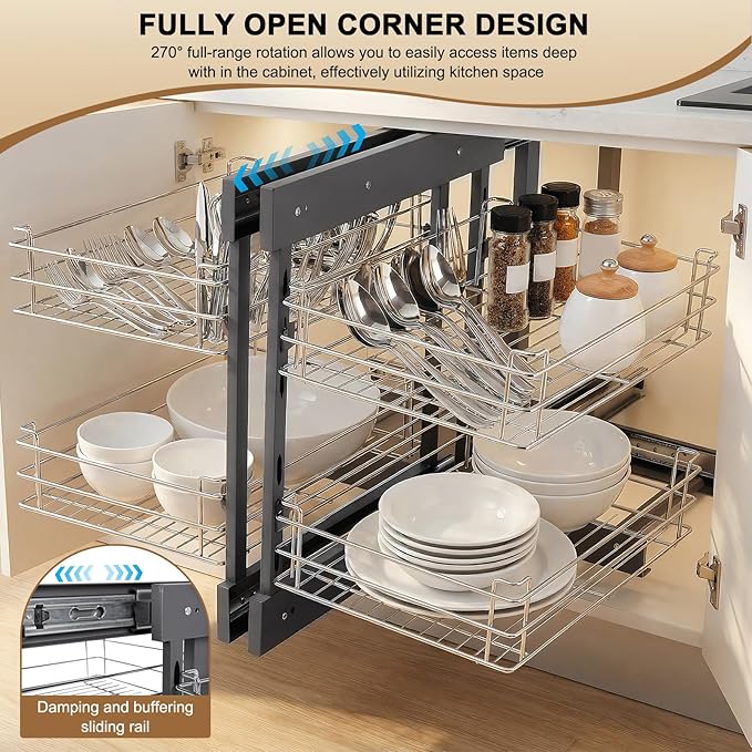 2 Tier Blind Corner Cabinet Pull Out Organizer Shelves L 24.8in H 18.5in W 13in Left Open & Right Open Compatible Kitchen Corner Cabinet Organizer 4 Shelves for Kitchen Or Bathroom