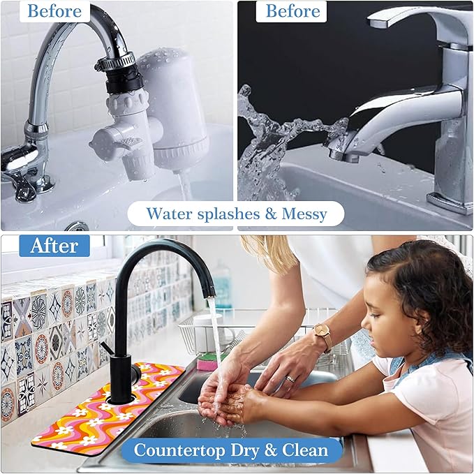 Faucet Mat Splash Guard Retro Floral Daisy, Soft Diatom Mud Material, Strong Water Absorption, Non-slip,Easy to Clean for Bathroom, Kitchen 15"X5.5"