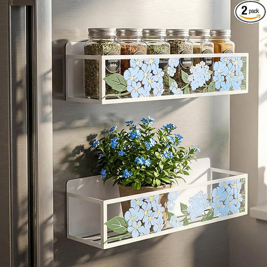 2 Pack Hydrangea Magnetic Spice Rack for Refrigerator Metal Magnet Basket Shelf for Fridge Seasoning Storage Organizers Home Decor Kitchen Accessories (Blue)