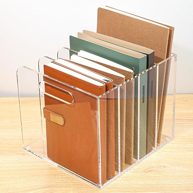 4 Vertical Compartments Clear Acrylic Magazine & File Holder – Multipurpose Desk Organizer for Office, Tablets, Magazines, Books – Documents/Home/Classroom Rack