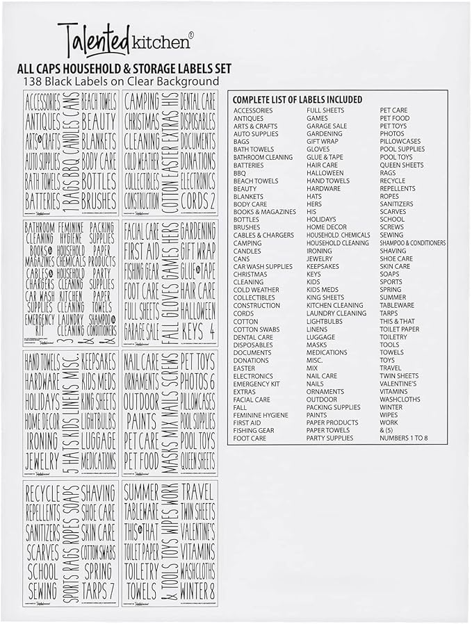 Talented Kitchen Storage Label Set - Clear Stickers for Home Organization - Garage Bin & Pantry Labeling - Waterproof Labels for Kitchen & Bathroom Organization - Pack of 138, 1" to 1.25" x 3", Black