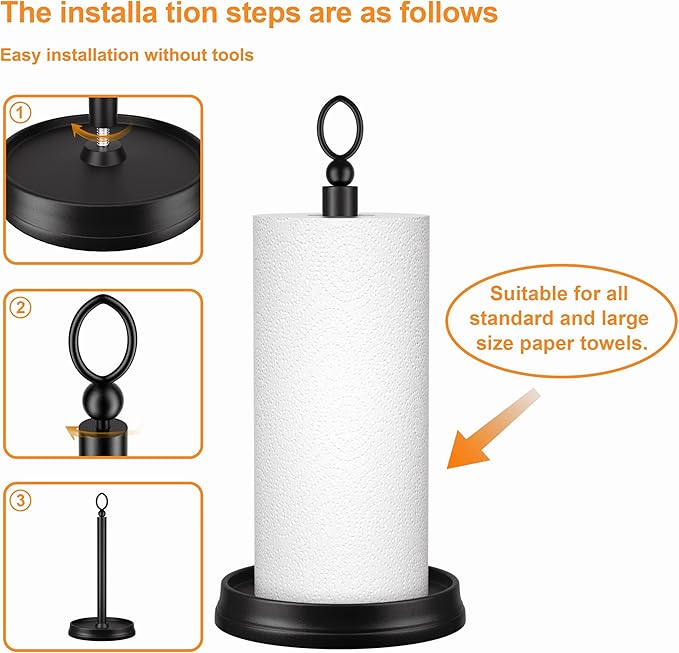 Standing Paper Towel Holder, Non-Slip Paper Towel Roll Holder for Bathroom, Stainless Steel Kitchen Paper Towel Stand Countertop (Matte Black, 2 Pack)
